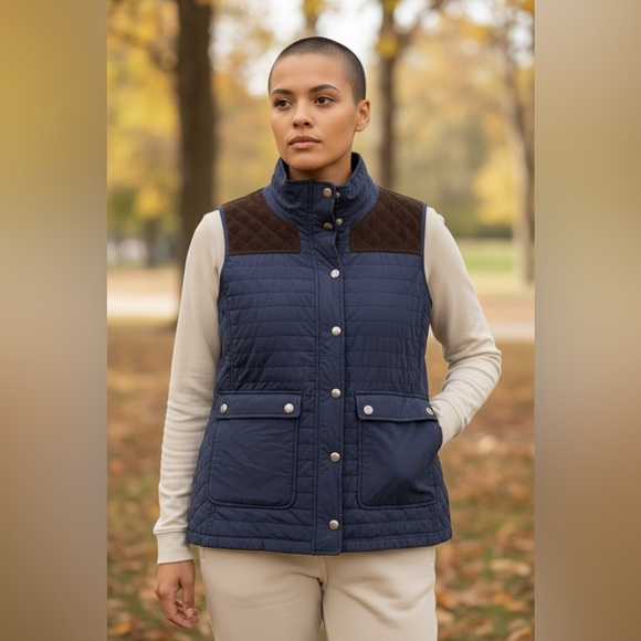 Vineyard Vines Dark Blue Quilted Vest with Dark Brown Details - Picture 3 of 9